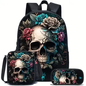 Skull Black Backpack 3 Piece Set Including Lunch Bag, Pencil Case Suitable for Teenagers Skull Black Backpack 3 Piece Set Including Lunch Bag, Pencil Case Suitable for Teenagers