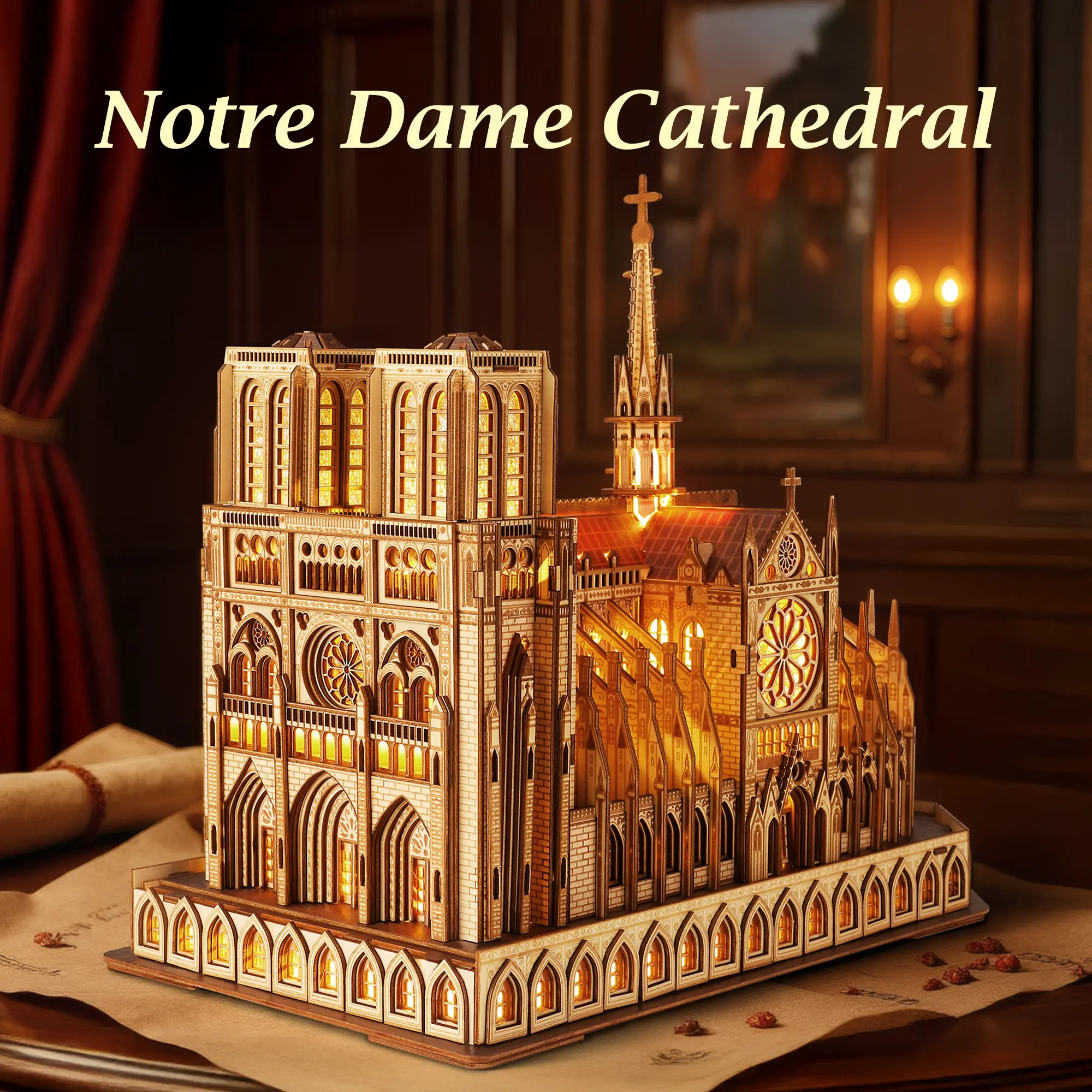 FUNPOLA LED 3D Wood Puzzle - Notre Dame de Paris Architecture Model-Night Edition with LED Lighting- DIY Building Model Craft Kit, Architecture Building Set- Suitable for Father's Day Gift - DealsForYouDays