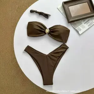 New Pure Color Shoulder Bikini Three-point Women's Swimsuit Holiday Vacation Style Fashionable Chinese Brand AE Stock