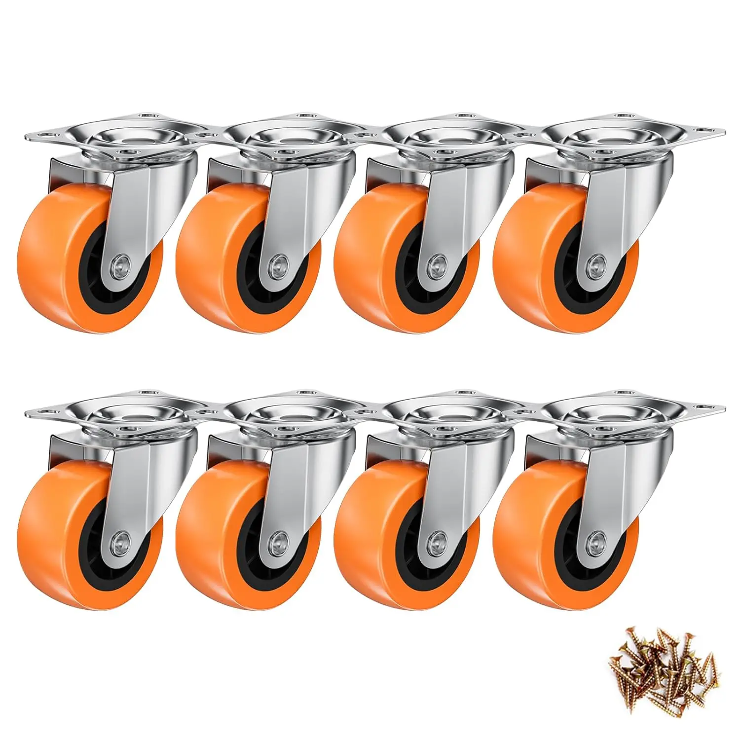 1.5 Inch Casters,  Caster Wheels/Casters Set of 8, 360° Swivel Universal Plate Caster Wheels for Storage Box/Small Furniture/Kitchen Appliances, Orange Polyurethane (PU) Castors (8 Pack)