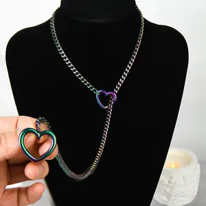 Women's Fashion Punk Rock Cuban Long Necklace Heart-shaped O-shaped Sliding Chain Adjustable Lasso Y-shaped Versatile Style Design for Everyday Wear or Gifts