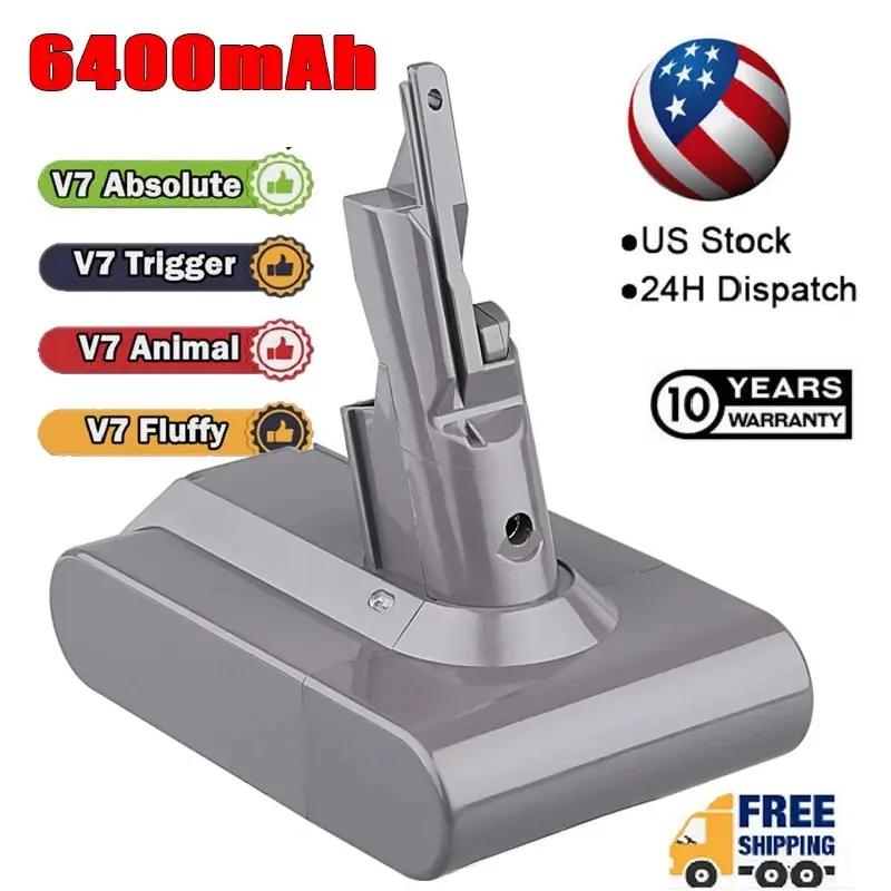 21.6V 6400mAh Lithium-Ion Replacement Battery for Dyson V7 Cordless Vacuums, Shockproof Shell, High Performance, Long Runtime, Efficient Charging, Cordless Power for SV11, Motorhead, Animal, Trigger, HEPA/Absolute Models (Not Fit V6, V8, V10), Protection