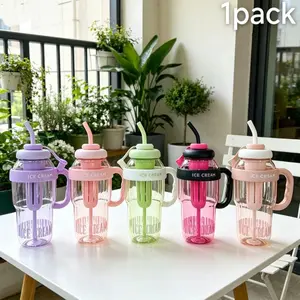 Viral Trending 1Pack 1300ML Large Capacity Plastic Water Bottle with Handle & Straw, Leak Proof Reusable Durable Shatterproof PC Cream Wide Mouth Sports Flask, Food Grade BPA Free Portable Drinkware for Water Juice Tea, Fitness Outdoor Travel Daily Use