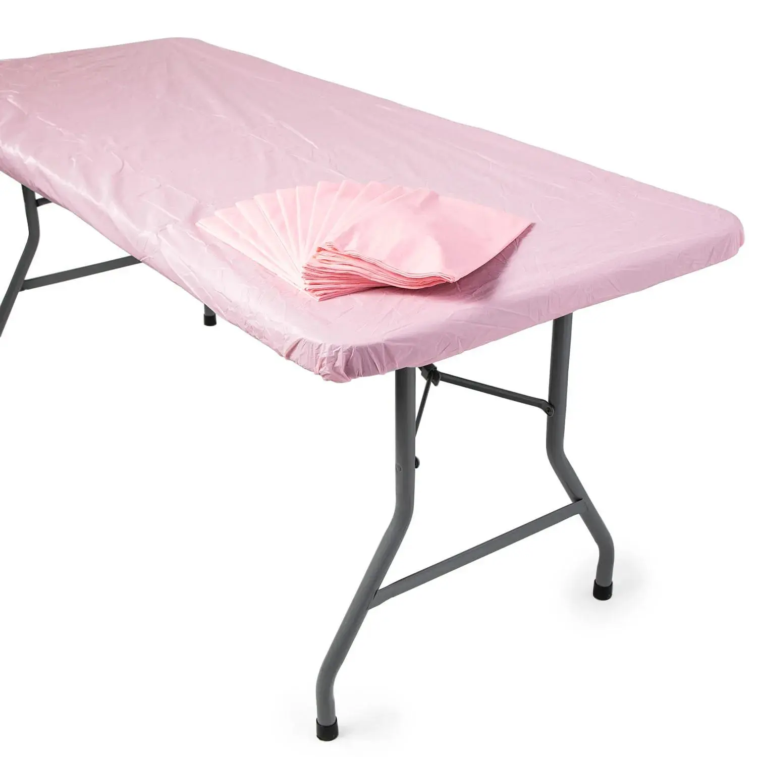 8 Ft. Bulk 12 Pc. Light Pink Rectangle Fitted Disposable Plastic Tablecloths, Prom, Bachelorette Party
