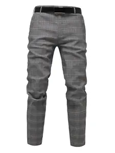 Men's Fitted Houndstooth Plaid Suit Pants, High-Quality Classic Versatile Business Long Pants, Comfortable Breathable Elastic Silver Color Men's Pants