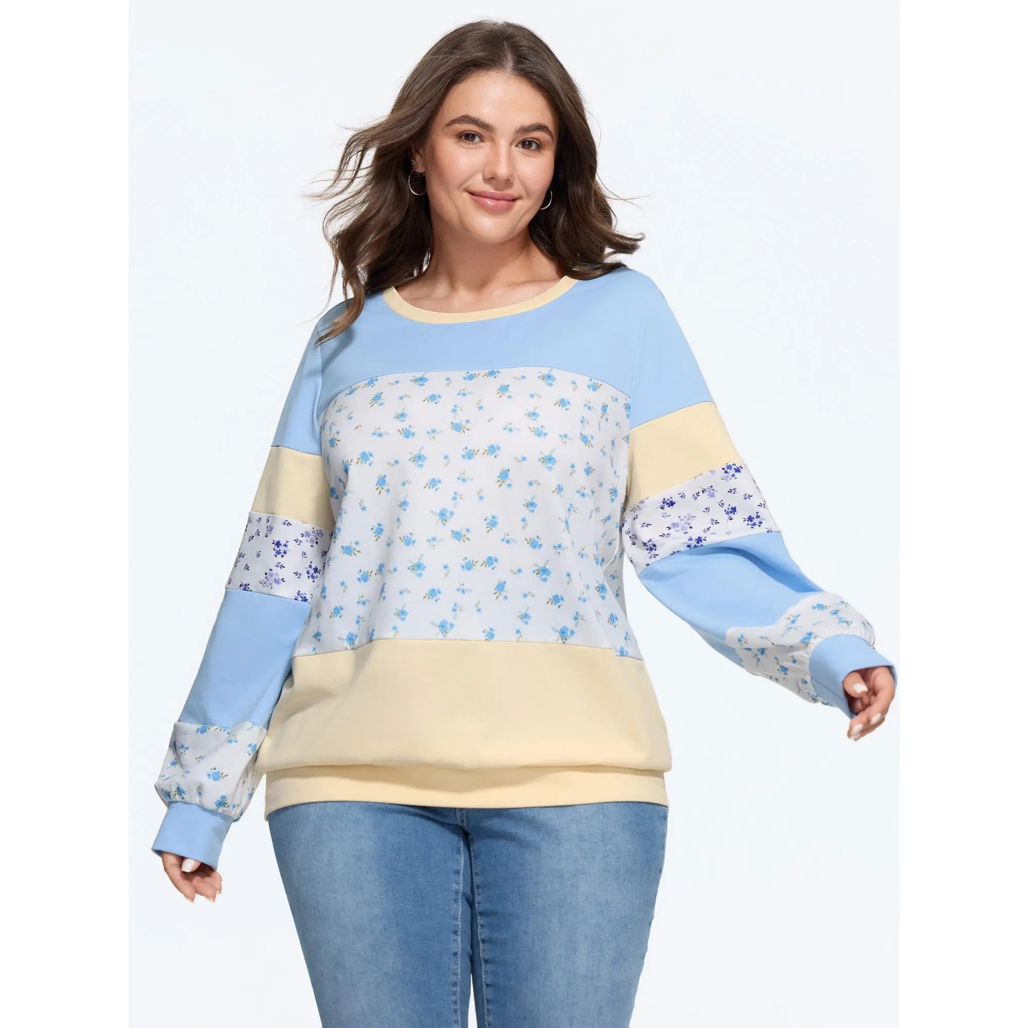 BloomChic Ditsy Floral Patchwork Color Block Sweatshirt 【M-6XL】