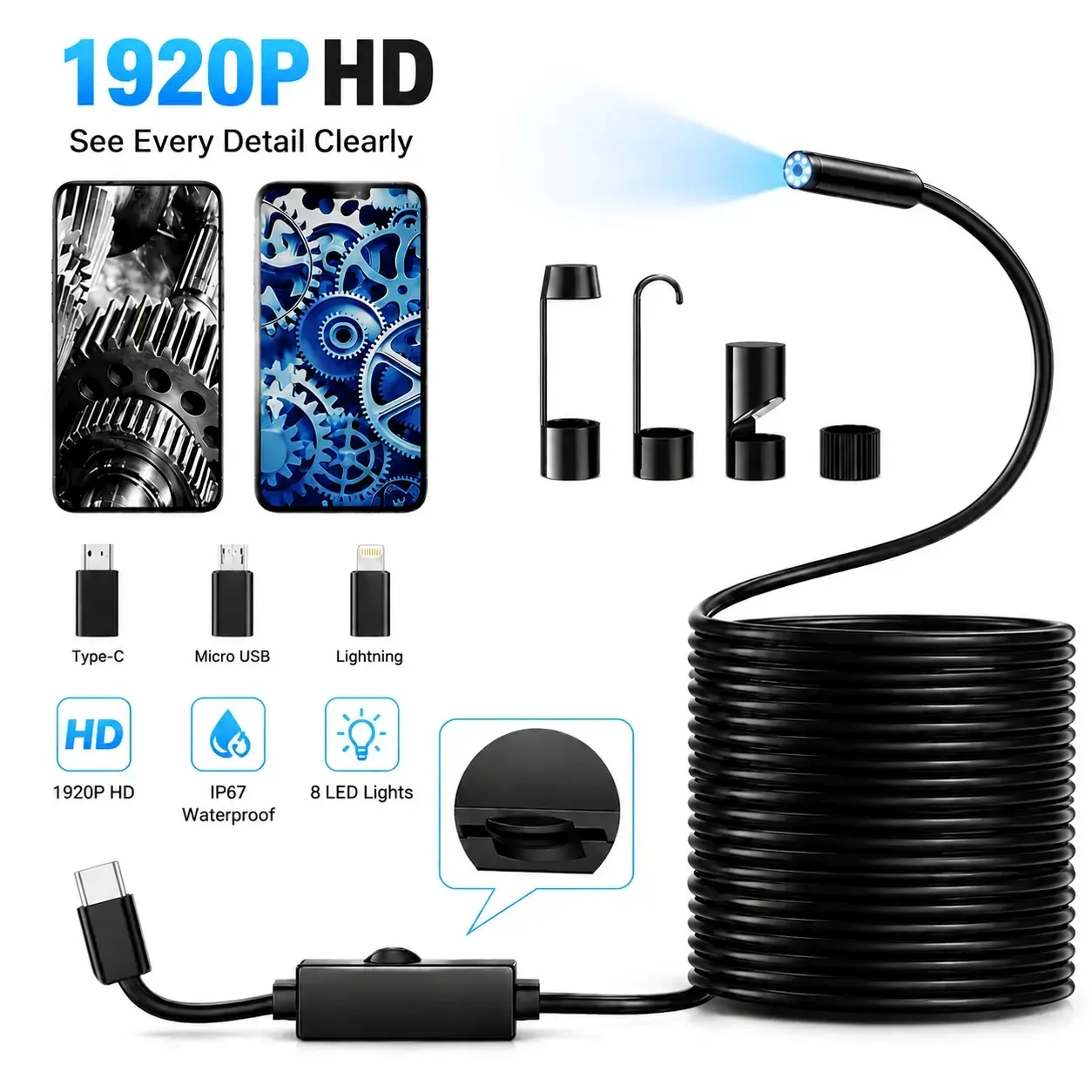 1920P HD Endoscope Borescope Inspection Camera Car Tool, 400 Resolution, 8 Adjustable LED Lights, 11.48ft Semi-Rigid Snake Cable, IP67 Waterproof Car Accessory, Plug & Play for iPhone Android Home Repair, Car Accessories, Car Tools