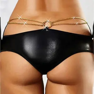 Plus Size Sexy Faux Leather Panties Women's Latex Wetlook Panties Underwear Black Sequin Chain Thong Spandex Womenswear