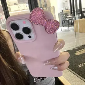 Luxury Rhinestone Bow Litchi Pattern Leather Phone Case For iPhone 17 16 15 14 13 12 11 Pro Max X XS Plus Soft Shockproof Cover junk