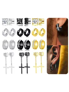 12 Pairs Magnetic Stud Earrings Stainless Steel Non Pierced Earrings Punk CZ Hoop Dangle Hinged Feather Clip on Magnet Earring Set for Men Women Gold Silver Black Tone Stud Earrings Jewelry