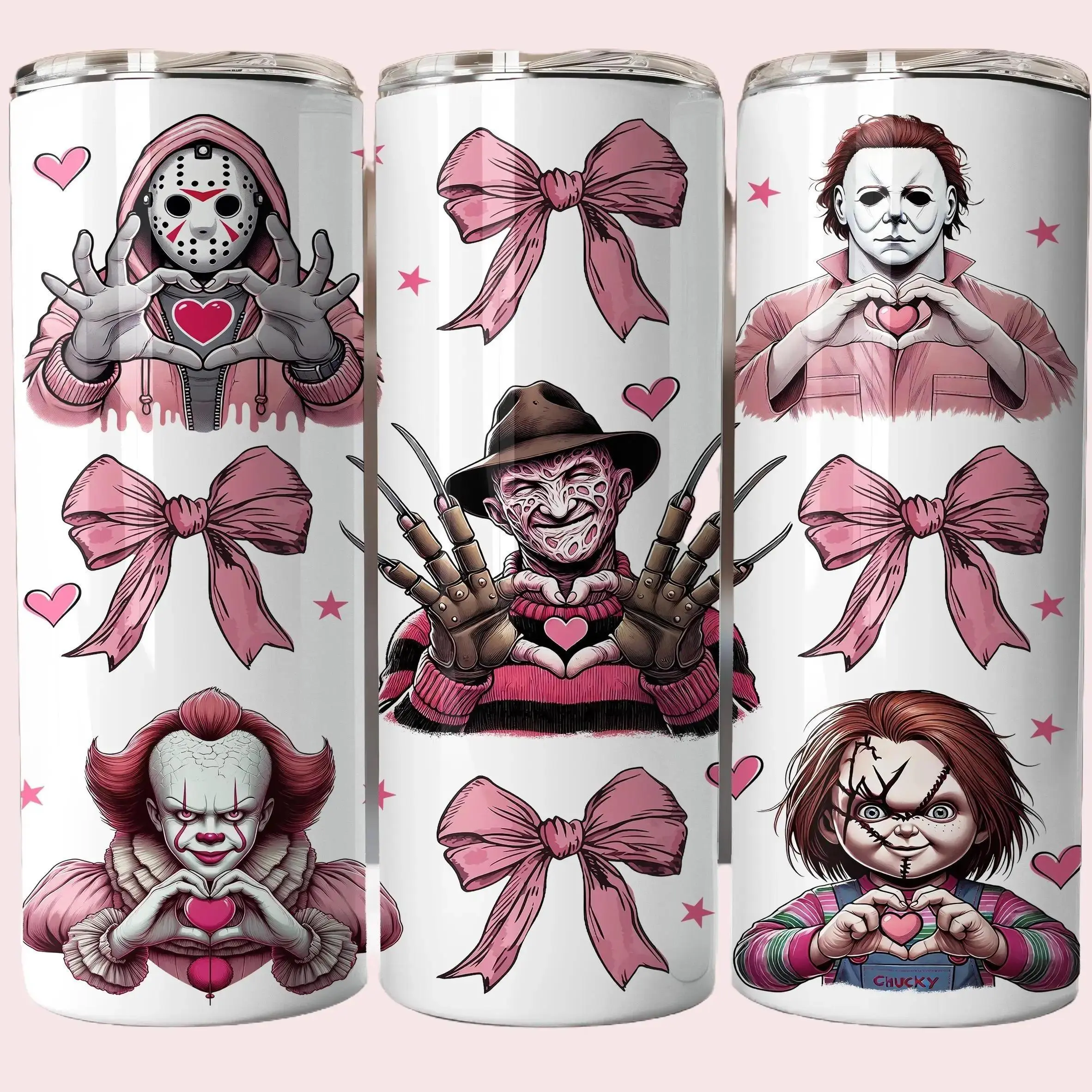 20 oz Skinny Horror Movie Killers Print Valentine Coquette Stainless Steel Tumbler - Reusable Double-Wall Eco-Friendly Vacuum Flask, 3" Diam, 8" Ht, Slide-Open/Close Lid, Metal Straw, Pink Bows, For Horror Movie Fans, Hot/Cold Drinks, Hand Wash Only