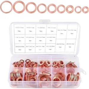 200 count Copper Washers Metric Sealing Assortment Kit, 9 Sizes Flat Ring Oil Drain Plug Crush Washer Gasket Seal Assortment Set, M5 M6 M8 M10 M12 M14 Crush Washers for