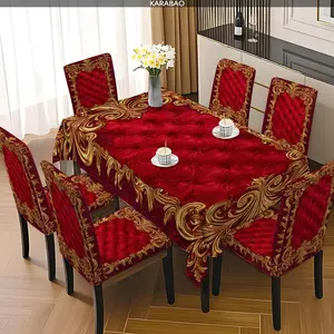 5PCS/7PCS Baroque Red Gold Pattern Anti Slip Tablecloth and Chair Cover Set, Dining Chair Slipcover, Suitable for Family Gatherings, Holiday Dining Tables, and Chair Decorations