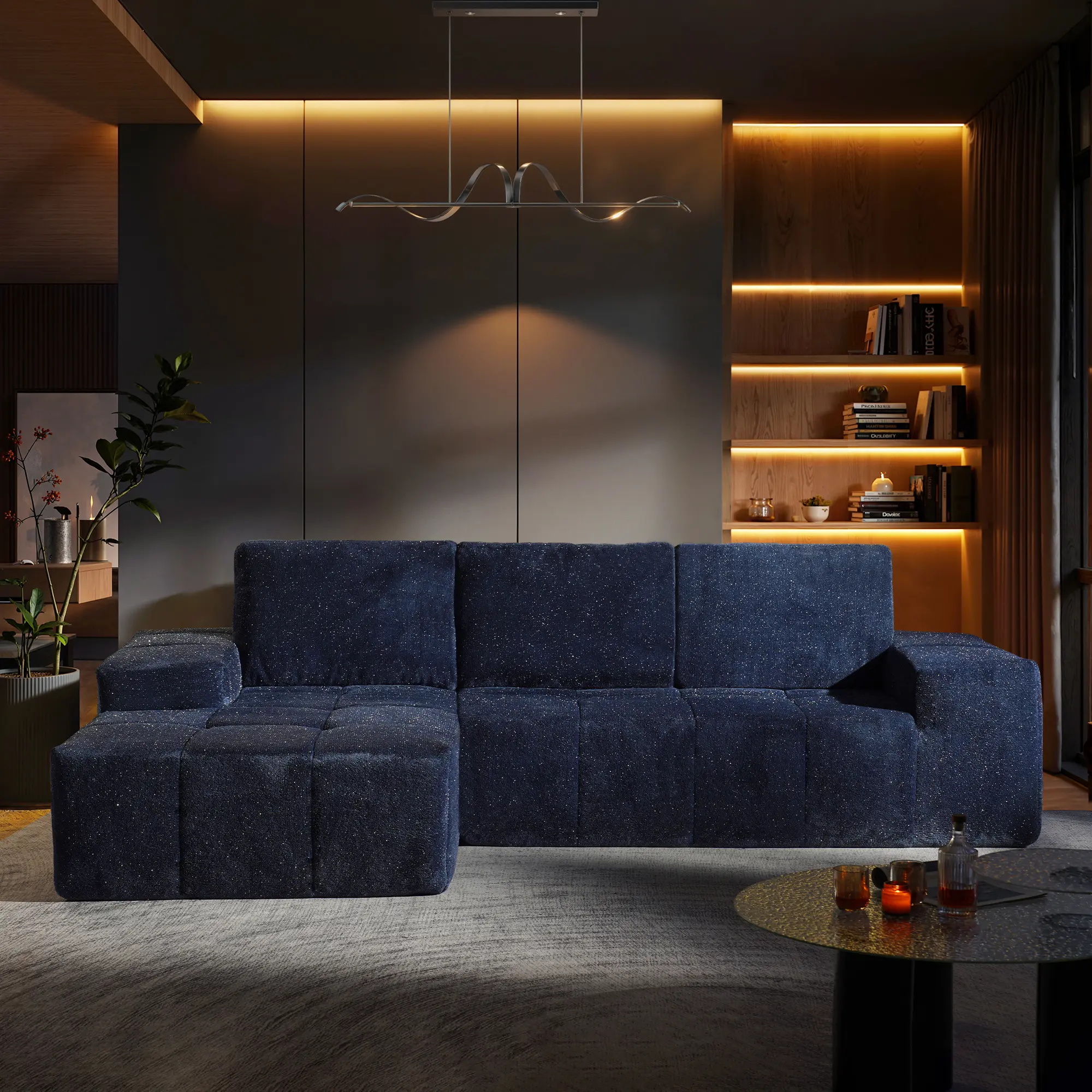 114" Galaxy Blue Shimmer Plush Left Chaise