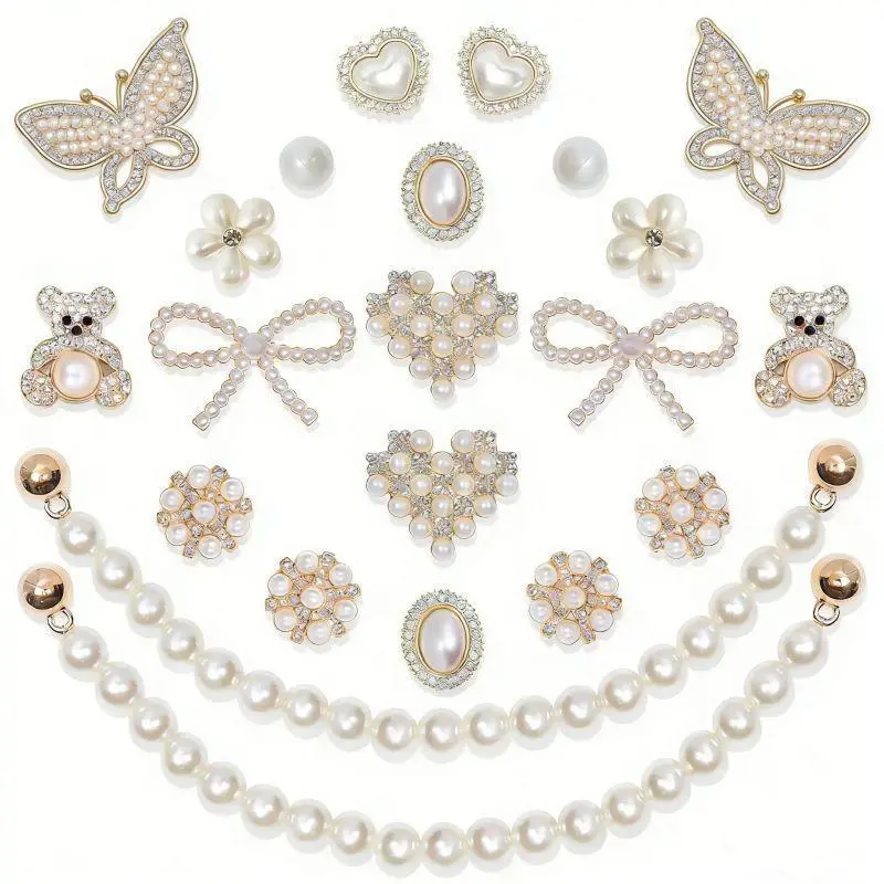 Women's 24-Pcs Sparkling Shoe Charms - Pearl, Flower, Rhinestone Shoe Chains, Bling Beauty Accessories for Party Footwear