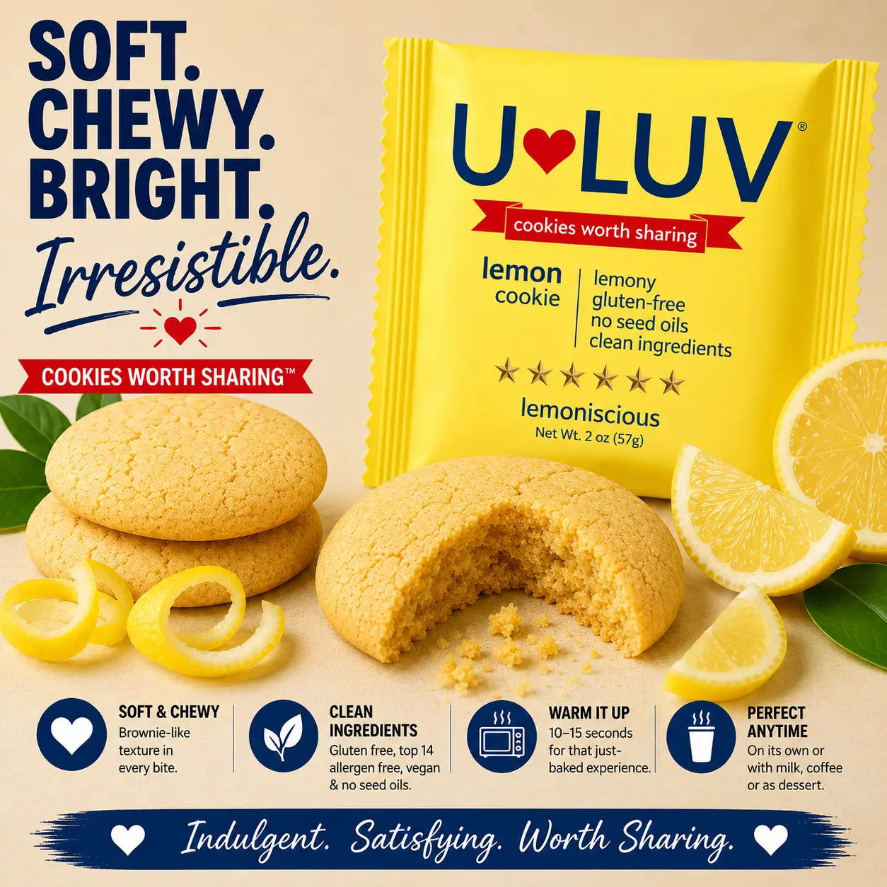 U-LUV Lemon Cookie 4-Pack | Soft & Chewy Cookies | Gluten Free | Made with Avocado Oil | Clean Ingredients | Allergen Friendly