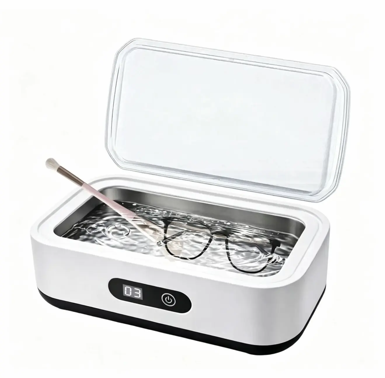 Ru Portable Ultrasonic Cleaner Machine - 304 Stainless Steel Tank, 12 oz, AC Plug, Deep Clean Device for Eyewear, Rings, Watch Bands, Dentures, Retainers, Coins, Makeup Tools, Small Metal Parts - Home & Travel Use