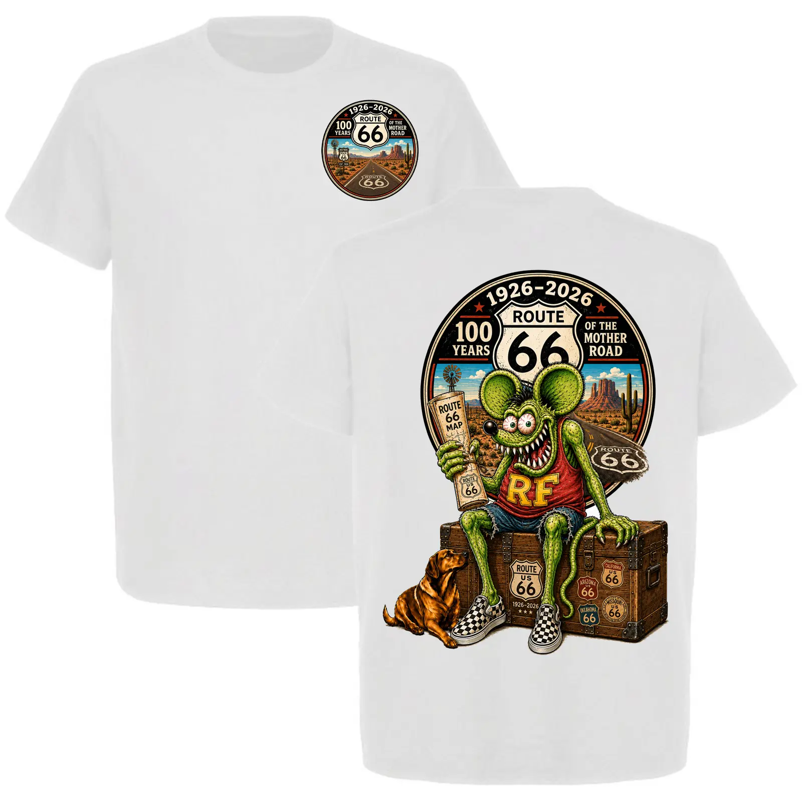 Route 66 100 Years Shirt - 1926-2026 Rat Fink T-Shirt - The Mother Road Centennial Vintage Rat Rod Front and Back Graphic Tee