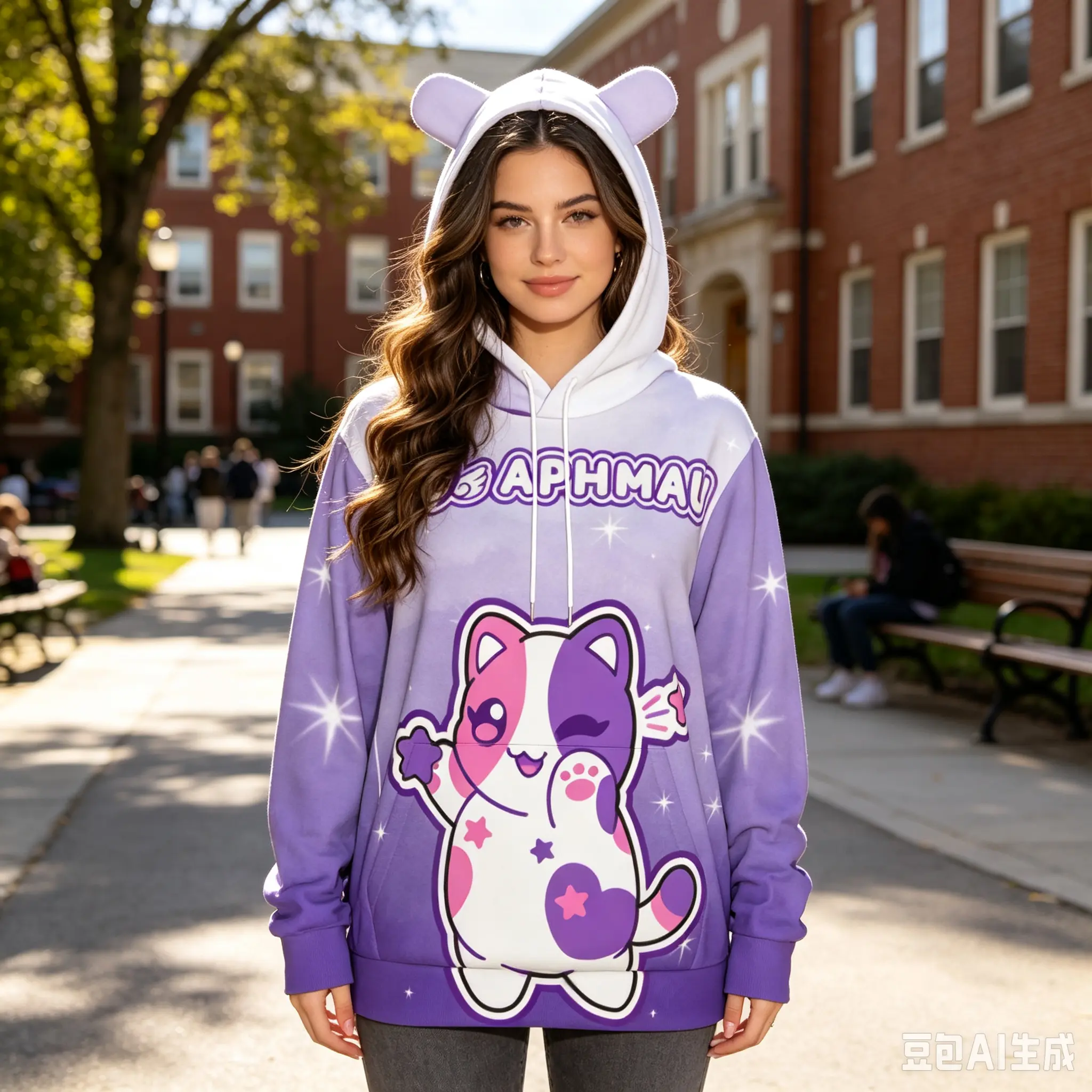 Aphmau Cute Cat Ear Hoodie For Ladies All‑Over Graphic Print Soft Oversized Pullover Aphmau Mystreet Sweatshirt With Pockets For Daily Wear