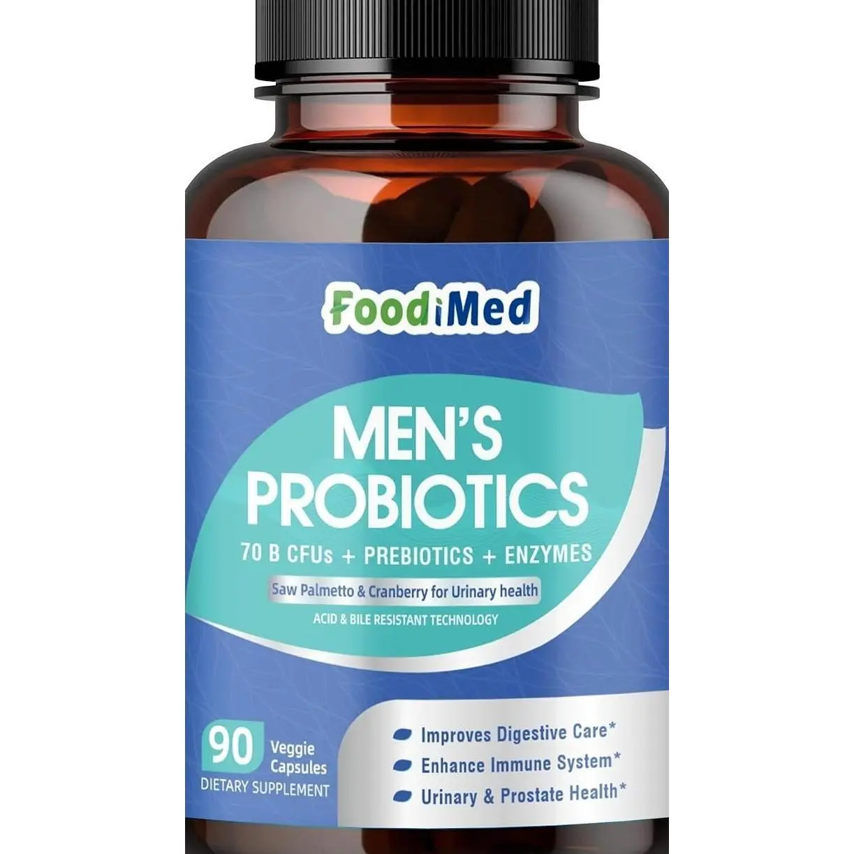 FoodiMed Probiotics for Men Digestive Health, 70 Billion CFUs Mens Probiotic with Enzymes, Prebiotics & Probiotics & Saw Palmetto for Prostate & Urinary Tract, Gas & Bloating Gut Health, 90 Capsules