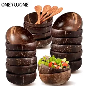 onetwone Natural Coconut Bowl Set with Wooden Ramen Bowl, Kitchen Tableware for Salad, Smoothie and Serving Use