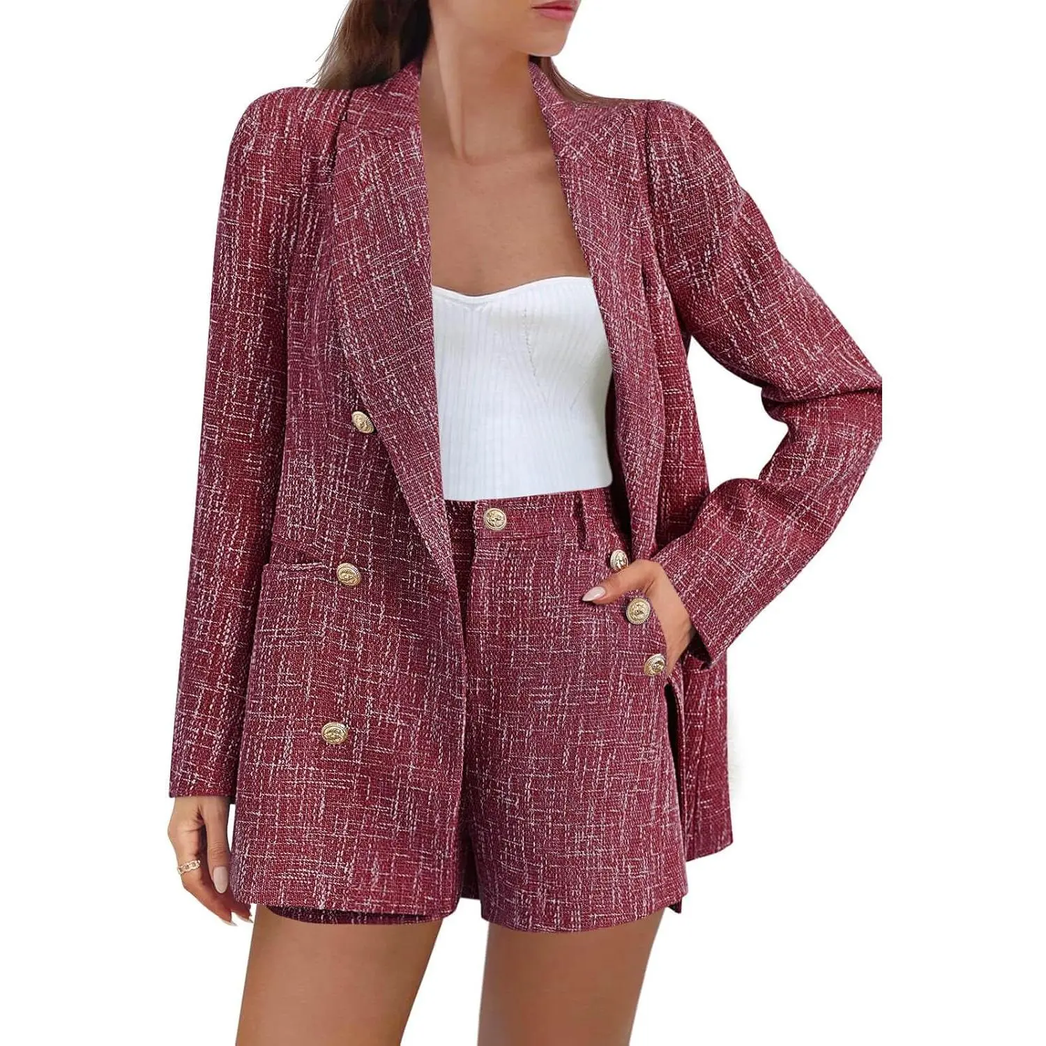 Imily Bela Womens 2 Piece Tweed Trendy Double Breasted Blazer Shorts Sets Long Sleeve Suit Jackets Business Outfit
