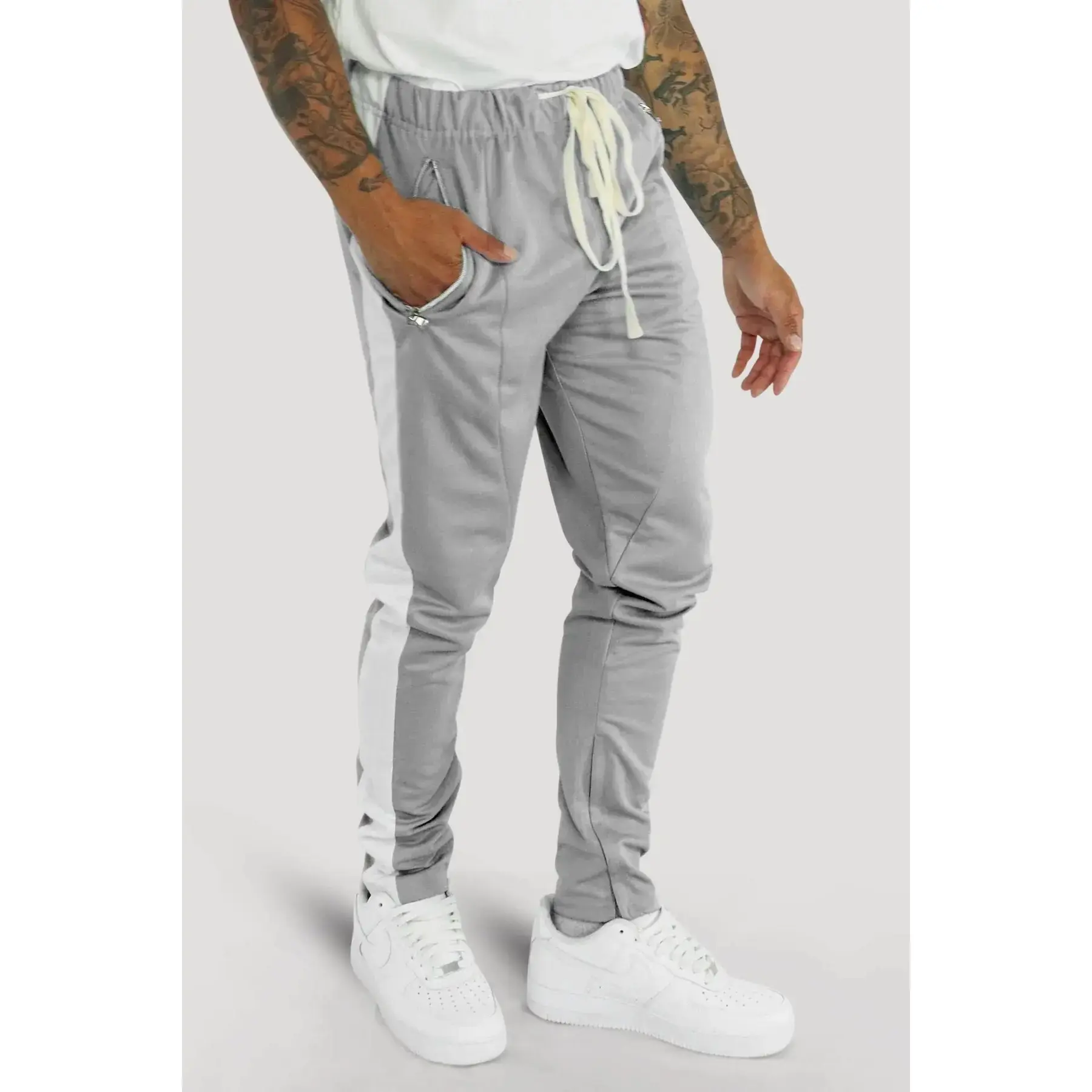 Premium Side Stripe Zip Pocket Track Pants (Grey - White)