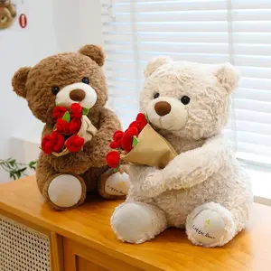 Plush Teddy Bear with Rose Bouquet, Soft Stuffed Animal Toy, Stuffed Animal Gifts, Snuggle Bear, Romantic Gift for Valentine's Day, Anniversary & Birthday, Soft Huggable, Cute Teddy Bear