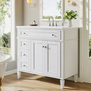 LITTLE TREE 36" Bathroom Vanity with Sink, Modern Bathroom Sink Cabinet with 4 Drawers & 2 Doors, Bath Storage Vanity Sink with Metal Handles, Solid Wood Frame, Paint Surface White