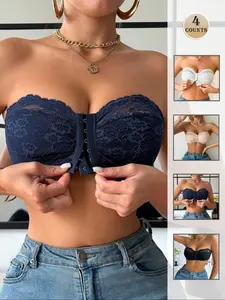 Women's Lace Patchwork Bralette Set, Front Buckle Design, No Underwire Comfortable Top, Ideal for Everyday Wear & Layering, Wirefree Supportive Bra
