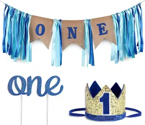 1st Birthday Boy Decorations with Crown - Boy First Birthday Decorations High Chair Banner - Cake Smash Party Supplies - Happy Birthday ONE Burlap Banner, No.1 Gold and Blue Crown (Blue/Gold) - Home Improvement.