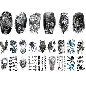 24 Sheets Waterproof Temporary Tattoo, Realistic Long Lasting Animals & Flower Designs , Wolf, Tiger, Lion, Owl, Skeleton Skull -Perfect for Halloween