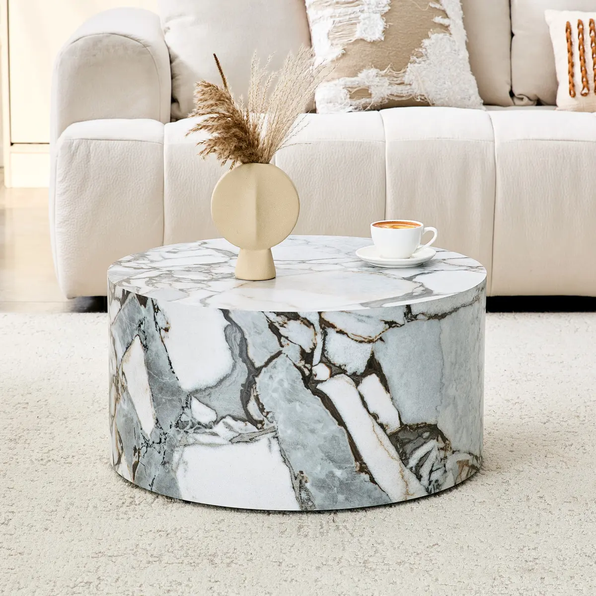 [Bellemave] Cylindrical Coffee Table with Anti-Slip Feet| MDF Living Room Furniture| Suitable for Industrial or Minimalist Style