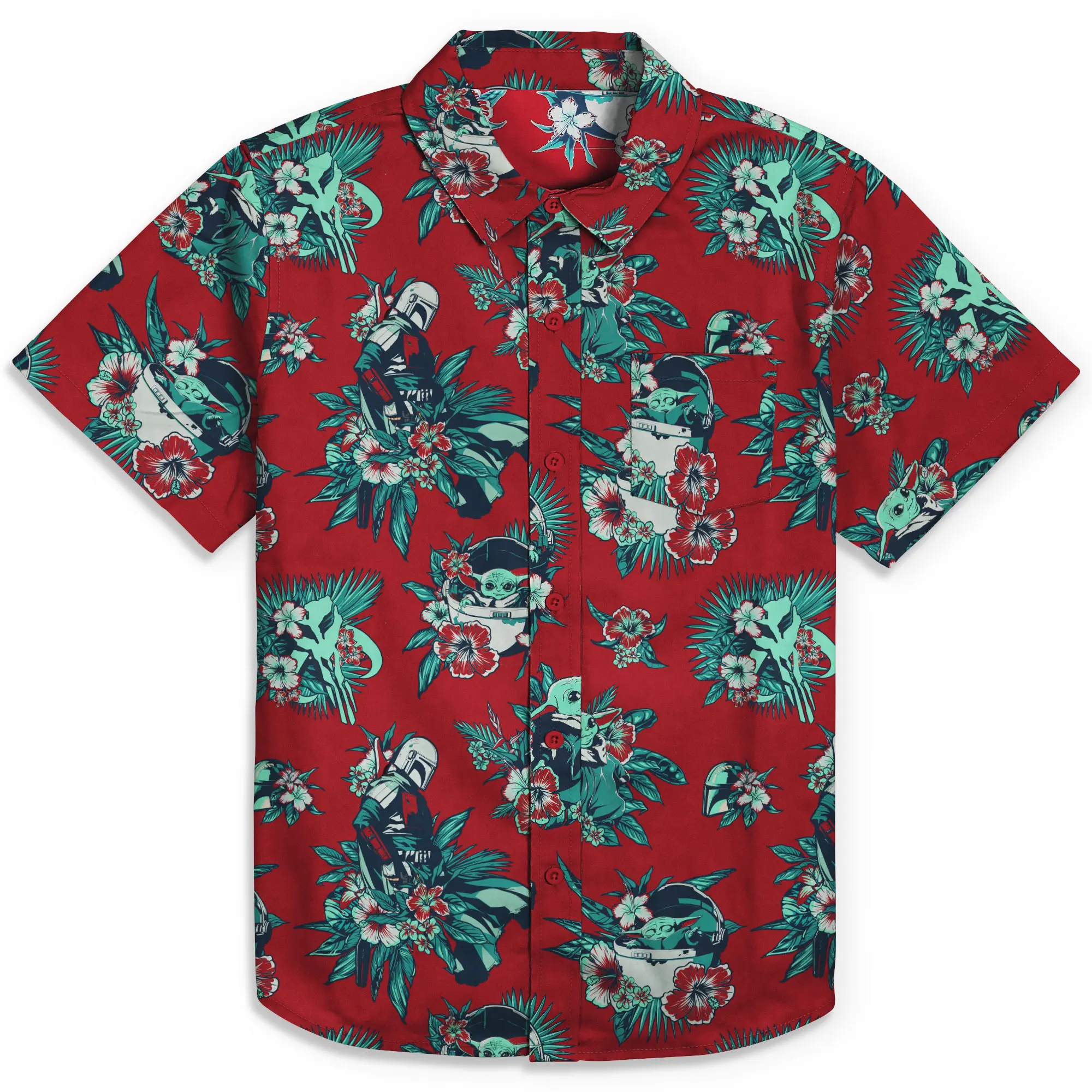 Men's Star Wars: The Mandalorian Grogu and Din Djarin Retro Hawaiian Print Button Down Shirt