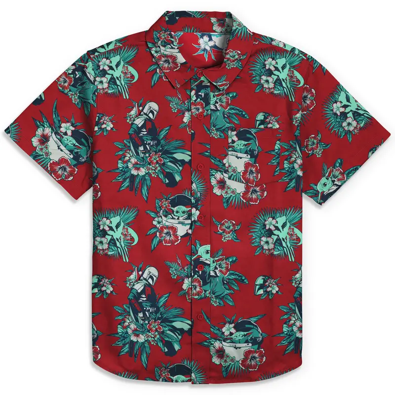 Men's Star Wars Grogu & Din Djarin Graphic Cotton Retro Hawaiian Floral Print Collared Short-Sleeve Tops - Mensfashion Tropical Casual Button-Down Shirt