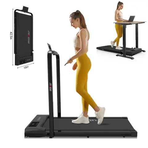 OVER SELF Unisex 2-in-1 Collapseable Walking Pad Treadmill for Home, Handrail, Remote Control, Remote Speed Dial, 2.5HP Low-Noise Motor, 6.2 MPH, 300LBS Capacity, 42in Length, Compact Portable Gym Stuff for Getting in Shape