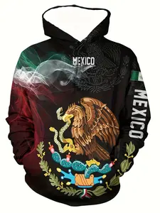 Men's Mexican Ethnic Style Fitted Long Hooded Sweatshirt, Casual Print Hoodie, Long Sleeve, Eagle Snake Print Casual Streetwear, Kangaroo Pocket, Fall Winter Fashion, Warm Comfortable Top
