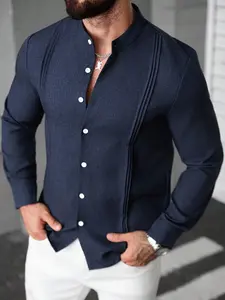 Men's Fashion New Casual Stylish Shirt, Casual Button Front, Long Sleeve Woven Fabric, Collared, Fitted Plain Design, Spring & Fall Daily Wear, Outdoor Indoor Activities