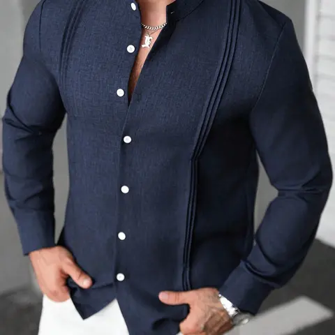 Men's Casual Long-Sleeve Button-Front Shirt with Band Collar, Spring & Fall Slim-Fit Plain Top for Indoor and Outdoor Wear