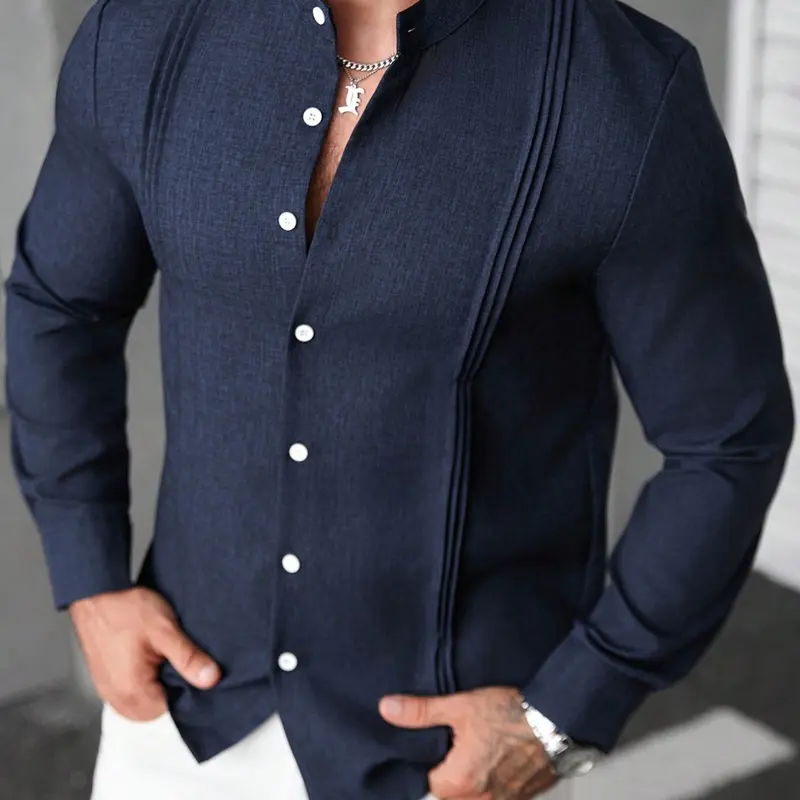 Men's Casual Long-Sleeve Button-Front Shirt with Band Collar, Spring & Fall Slim-Fit Plain Top for Indoor and Outdoor Wear