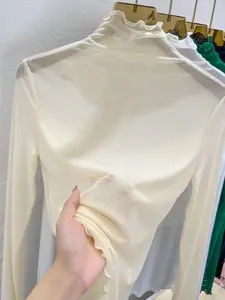 Women's Solid Color Transparent Sheer Basic Short Sleeve T-Shirt, Elegant Long Sleeve High Neck Top, Perfect for Club Parties and Dates, Blouse, Womenswear