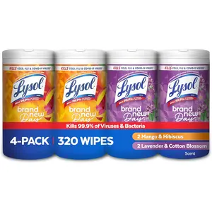 Lysol Disinfecting Wipes Bundle, Home Apartment Dorm Room Essentials and Cleaning Supplies, All Purpose Cleaner, Multi-surface Cleaning & Sanitizing Wipes, Lavender & Mango Scents, 80 Count (4pk)