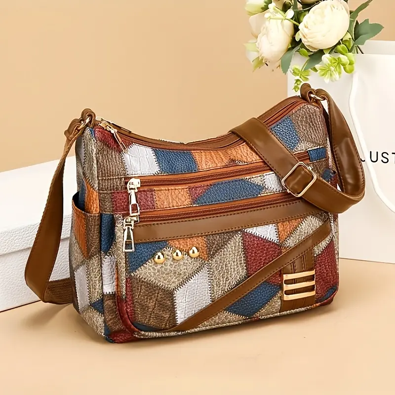 Women's Chic Soft PU Leather Crossbody Shoulder Bag - CuteCity Casual Trendy Purses, Elegant Layered Colorblock Design, Multi-Compartments, Pockets, Large Capacity, Lightweight, Zipper Closure, Adjustable Strap, Everyday Carry, Do Not Wash