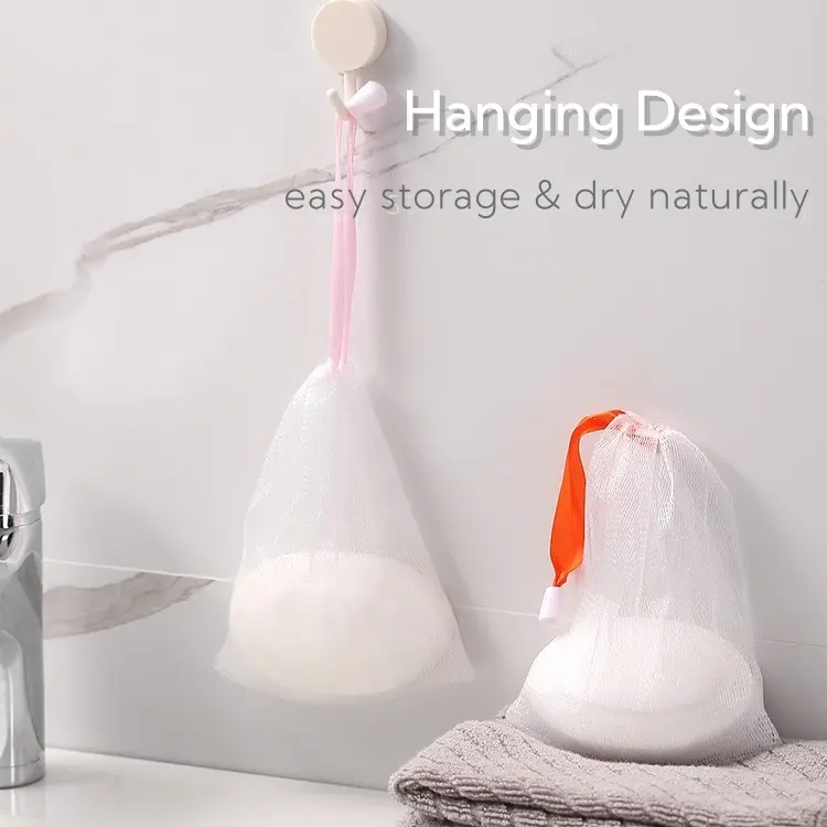 10-Count Exfoliating Mesh Soap Bag Foaming Net with Drawstring, White Face/Bath Cleansing Pouch for Rich Foam Generation, Home Laundry & Shower Washing Accessory