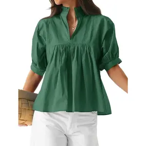 Womens Puff Sleeve V Neck Blouse Babydoll Peplum Tops Dressy Casual Pleated Loose Fit Shirts