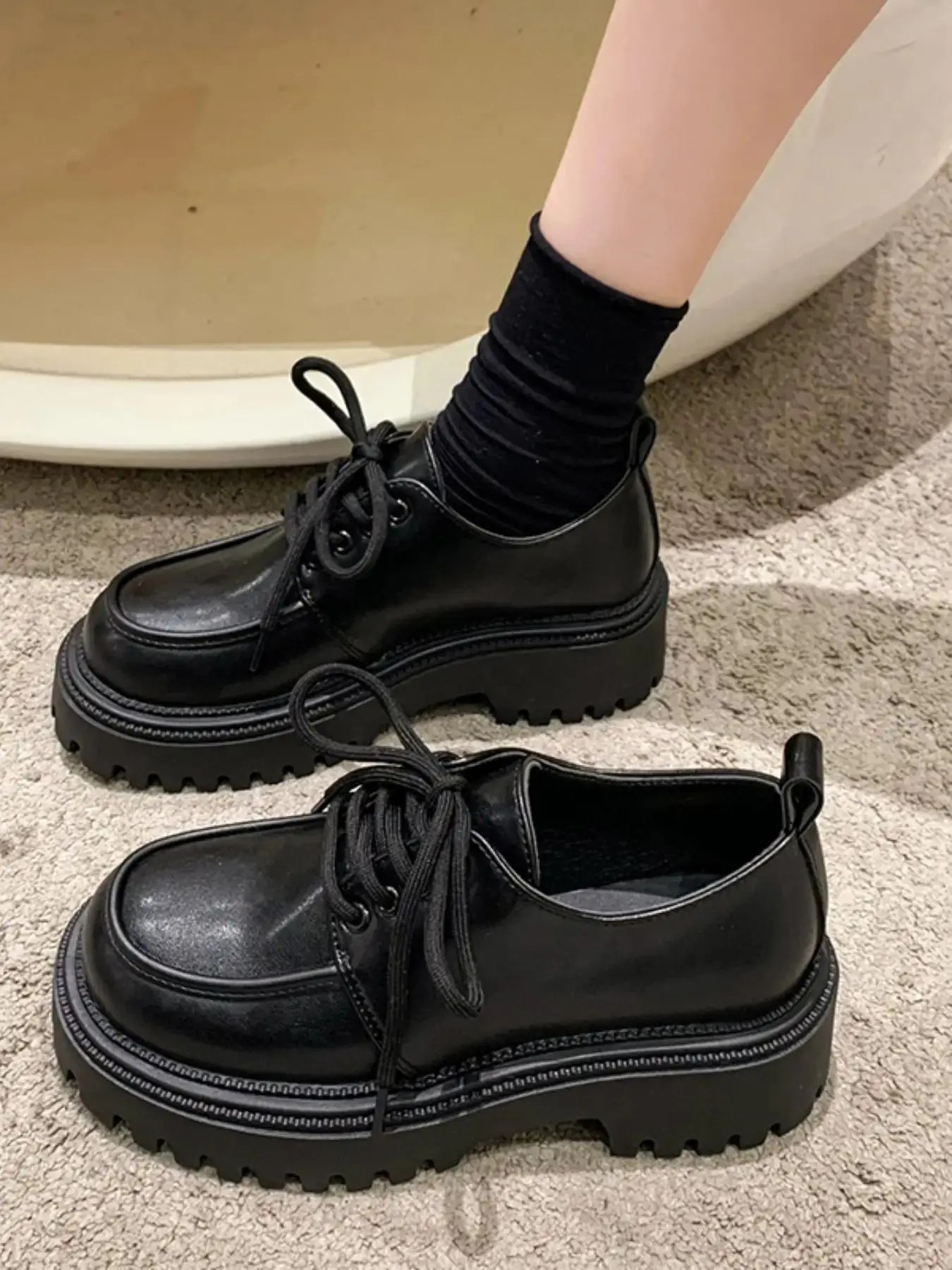 Comfort Minimalist Casual Round Toe Lace Up Platform Shoes, Summer Simple Design Elegant Platform Walking Shoes, Business Style Platform Loafers for D