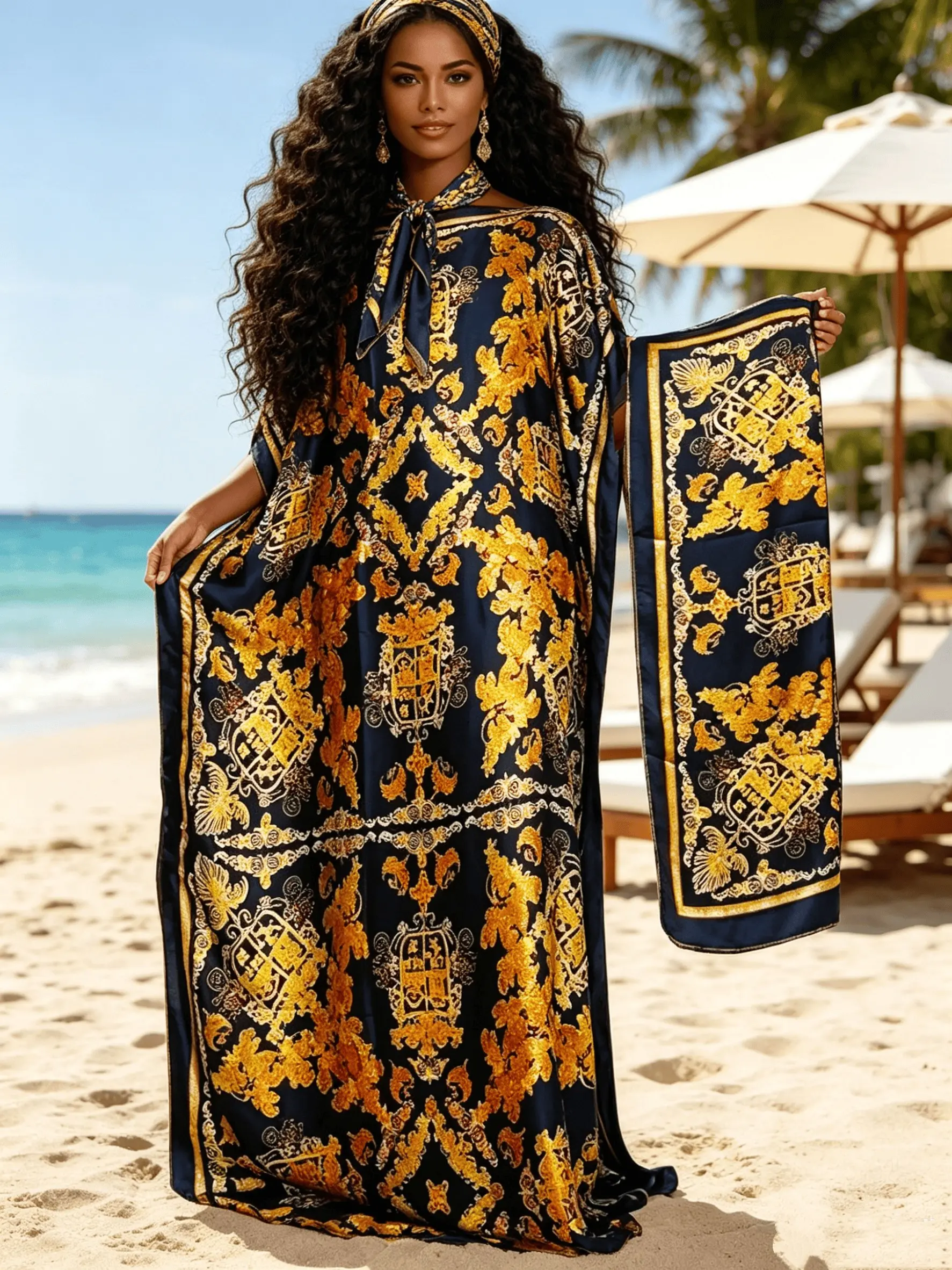 Luxurious Gold Printed Caftan Dress Set, Elegant Extra-Long Style with Scarf, Ethnic Print Kaftan, Ethnic Pattern Kaftan, Perfect for Formal Occasions & High-End Events