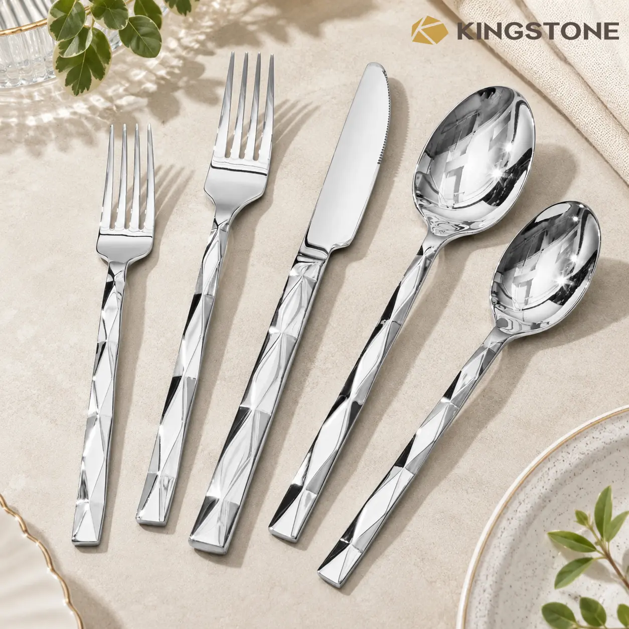 KINGSTONE 18/10 Stainless Steel Stylish Cutlery Tableware Set - Diamond Cut Pattern, Glossy Mirror Polished, Dishwasher Safe, Model 8812 for Home, Pub, Thanksgiving, Mother’s Day