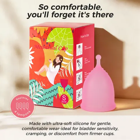 Reusable Silicone Menstrual Cup for Sensitive Skin - 12-Hour Leak-Proof Period Protection, 25-32ml Capacity, Unscented, Non-Medical, Blood Flow Control, Pink-L, Safe Period Menstrual Cups & Discs