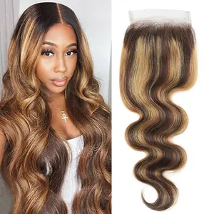 2x6 4x4 5x5 Lace Closure Deep Parting P4/27 Brown Highlight Body Wave Human Hair Sew In Transparent Lace Closure